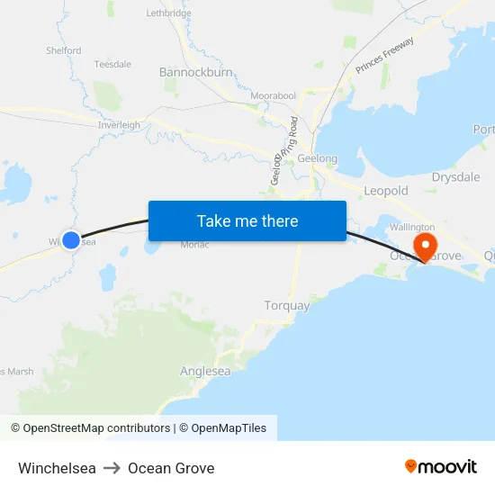 Winchelsea to Ocean Grove map
