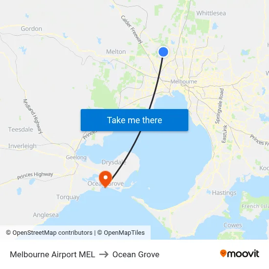 Melbourne Airport MEL to Ocean Grove map