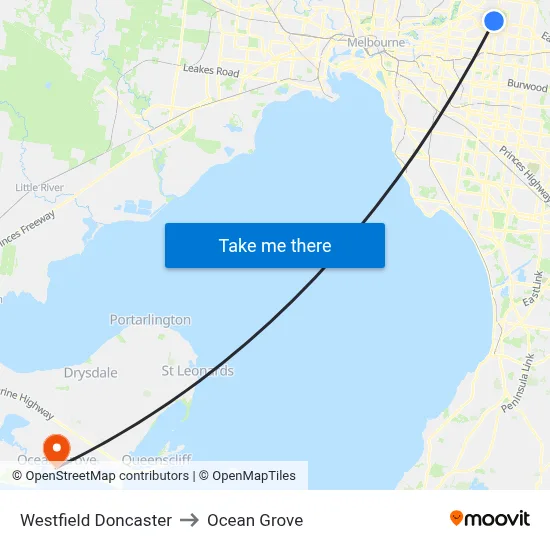 Westfield Doncaster to Ocean Grove map