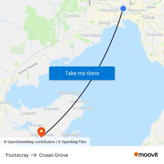 Footscray to Ocean Grove map