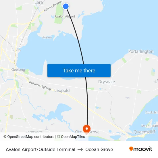 Avalon Airport/Outside Terminal to Ocean Grove map