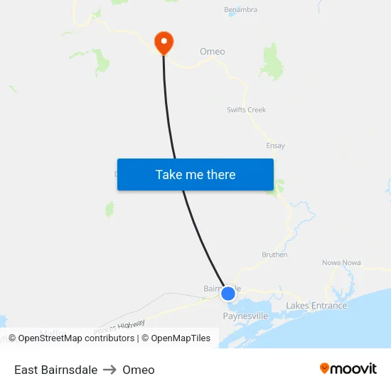 East Bairnsdale to Omeo map