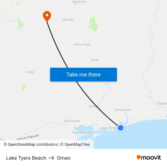 Lake Tyers Beach to Omeo map