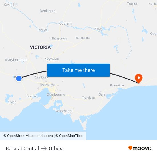 Ballarat Central to Orbost map