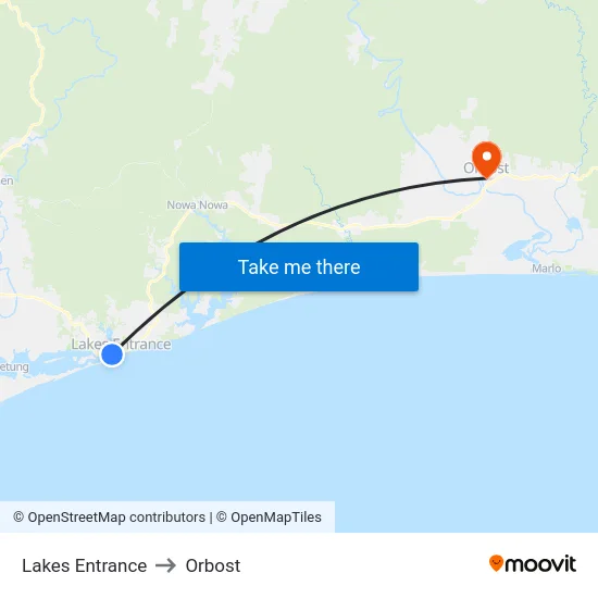 Lakes Entrance to Orbost map