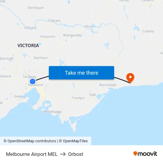 Melbourne Airport MEL to Orbost map