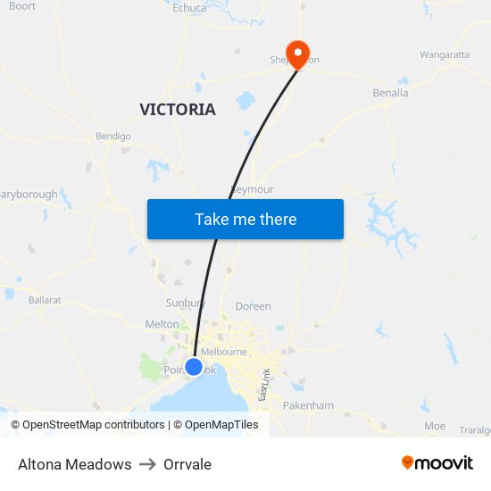 Altona Meadows to Orrvale map