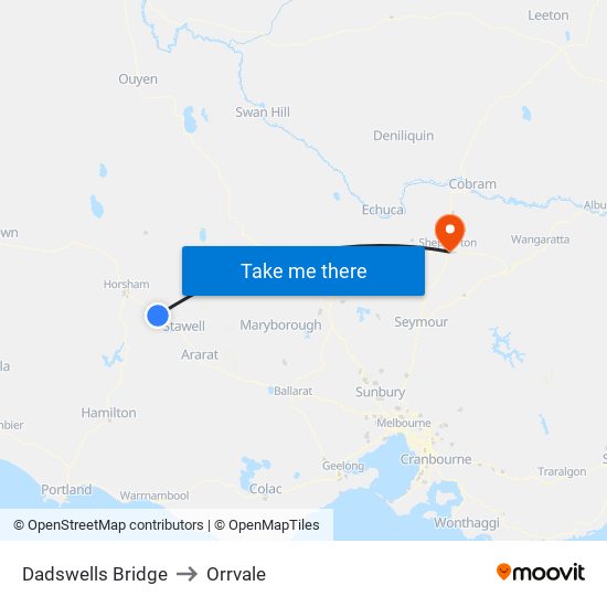 Dadswells Bridge to Orrvale map