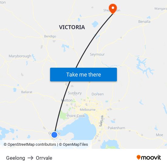 Geelong to Orrvale map