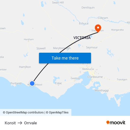 Koroit to Orrvale map