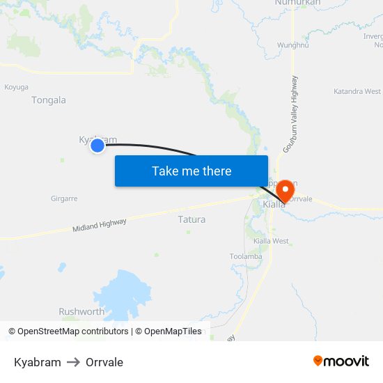 Kyabram to Orrvale map