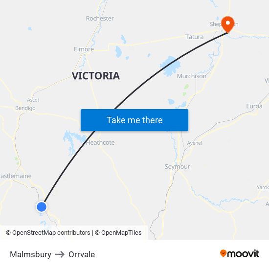 Malmsbury to Orrvale map