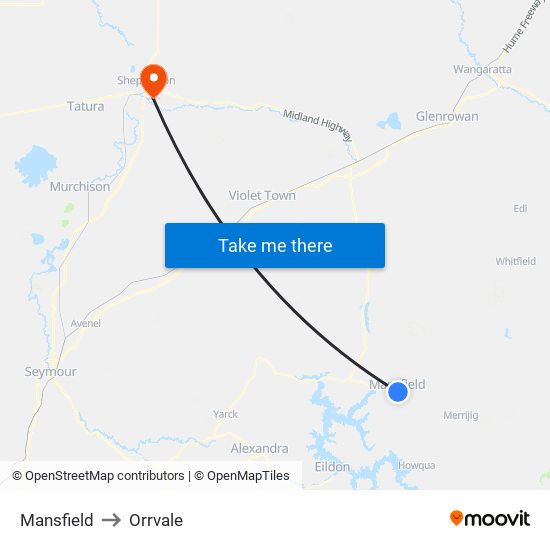 Mansfield to Orrvale map