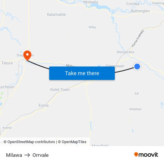 Milawa to Orrvale map