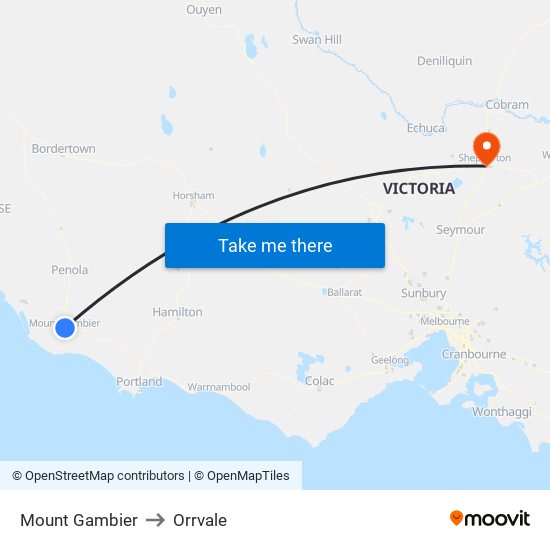 Mount Gambier to Orrvale map