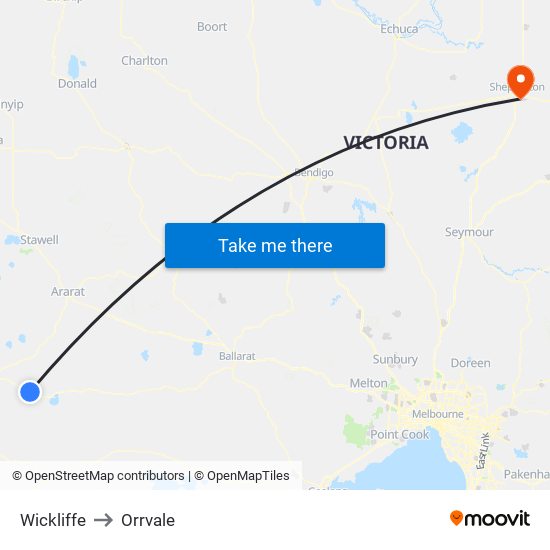 Wickliffe to Orrvale map