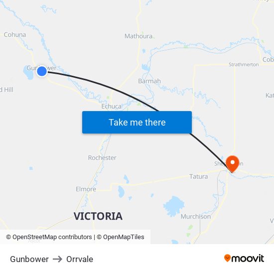 Gunbower to Orrvale map