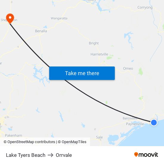 Lake Tyers Beach to Orrvale map