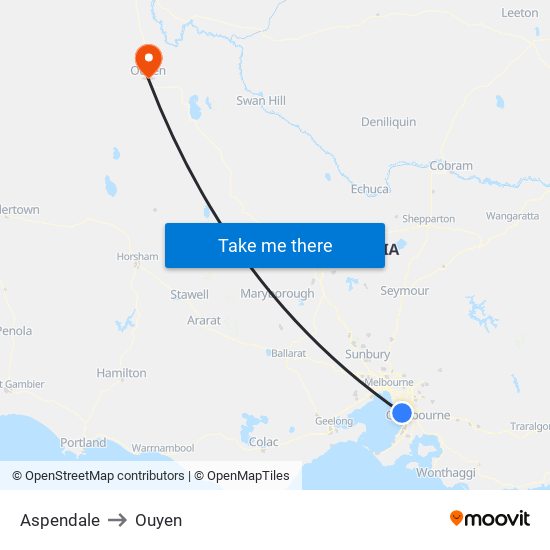 Aspendale to Ouyen map