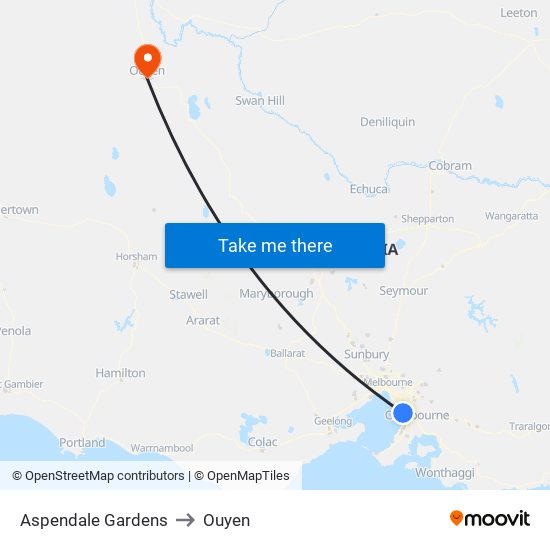 Aspendale Gardens to Ouyen map
