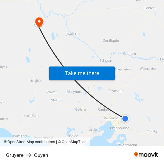 Gruyere to Ouyen map