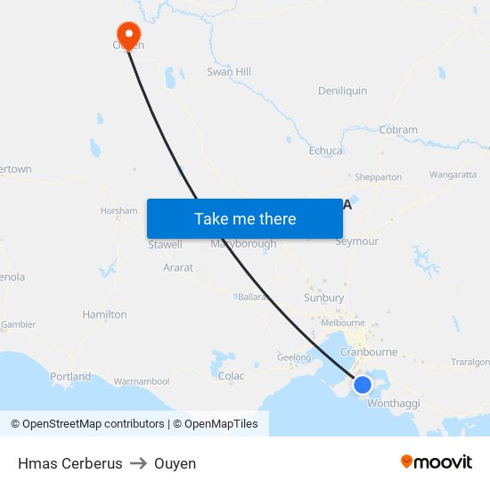 Hmas Cerberus to Ouyen map