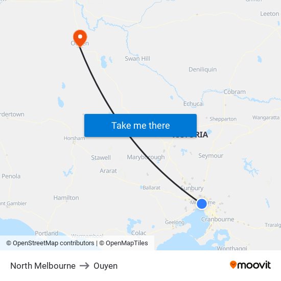 North Melbourne to Ouyen map