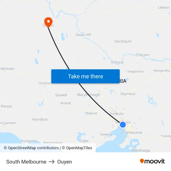 South Melbourne to Ouyen map