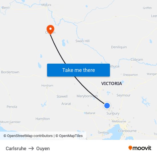 Carlsruhe to Ouyen map