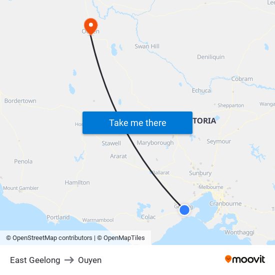 East Geelong to Ouyen map