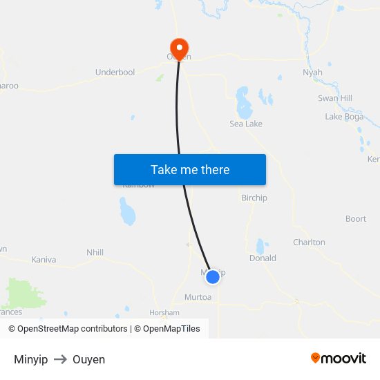 Minyip to Ouyen map