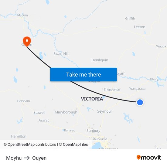 Moyhu to Ouyen map