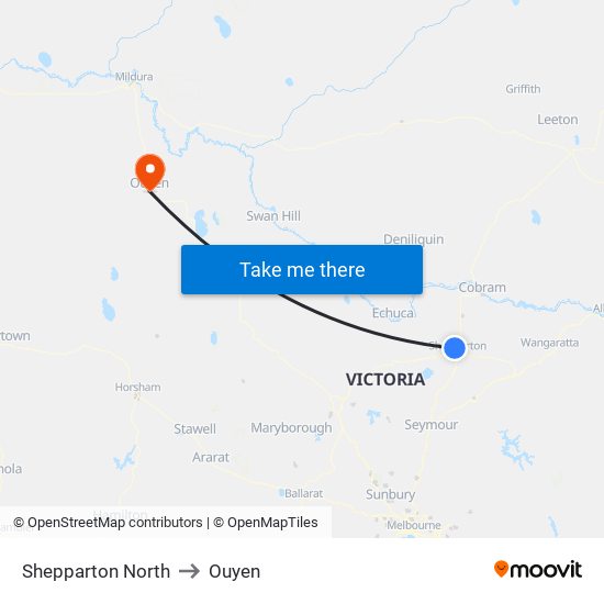 Shepparton North to Ouyen map