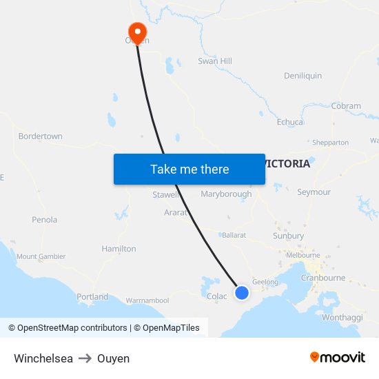 Winchelsea to Ouyen map