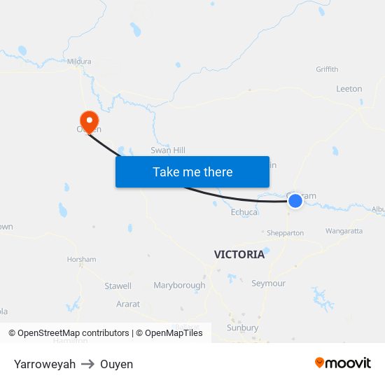 Yarroweyah to Ouyen map