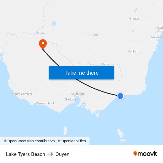 Lake Tyers Beach to Ouyen map