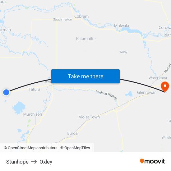 Stanhope to Oxley map