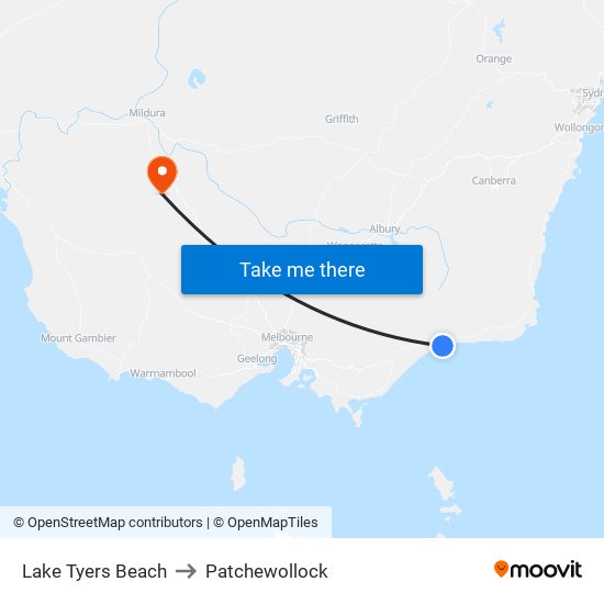 Lake Tyers Beach to Patchewollock map
