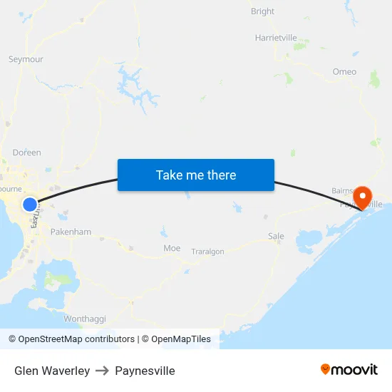 Glen Waverley to Paynesville map