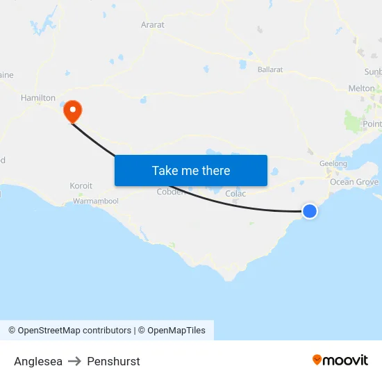 Anglesea to Penshurst map