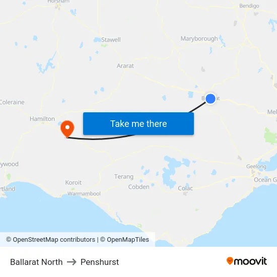 Ballarat North to Penshurst map