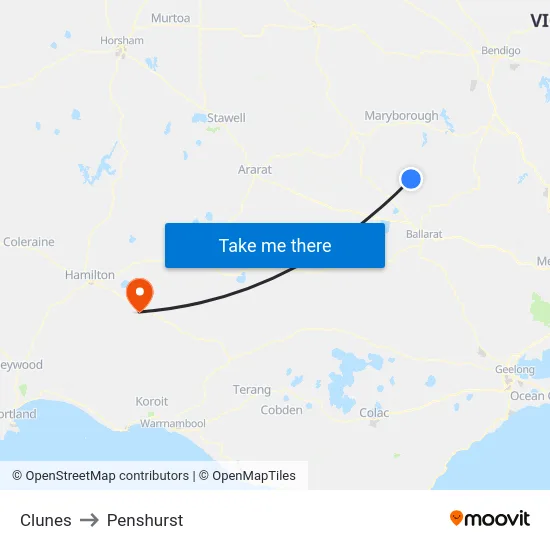Clunes to Penshurst map