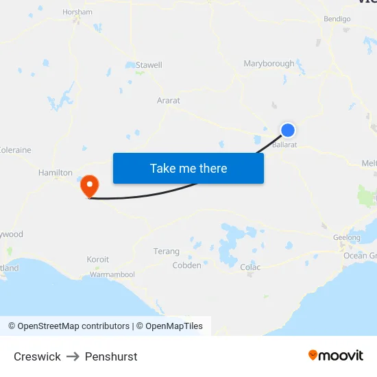 Creswick to Penshurst map