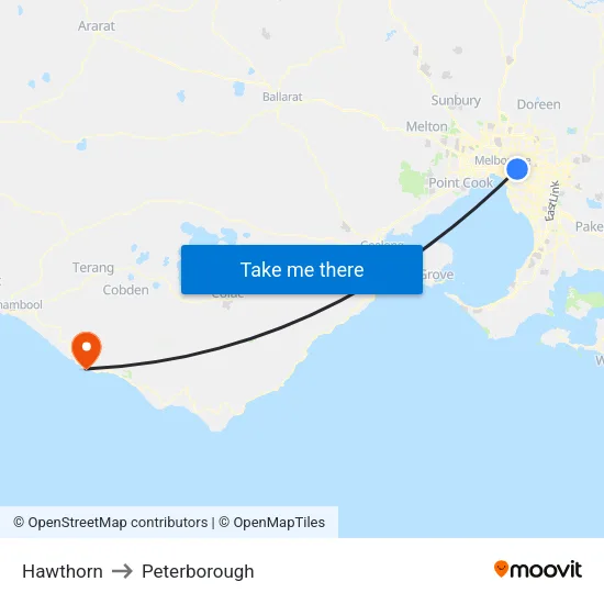 Hawthorn to Peterborough map