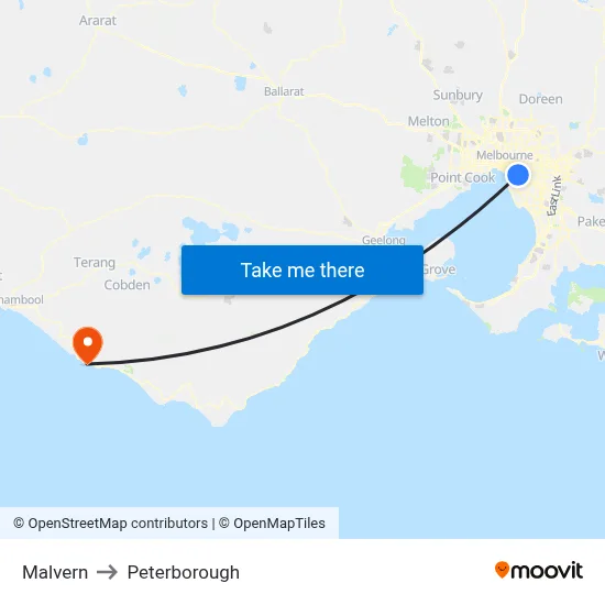 Malvern to Peterborough map