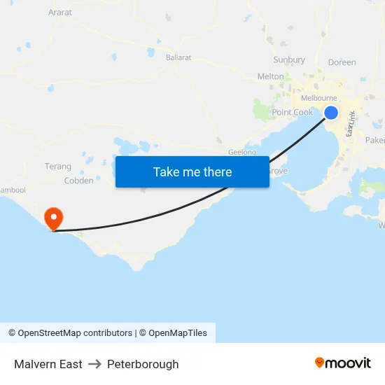 Malvern East to Peterborough map