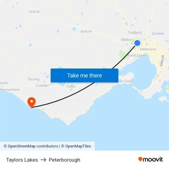 Taylors Lakes to Peterborough map