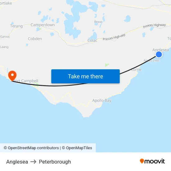 Anglesea to Peterborough map