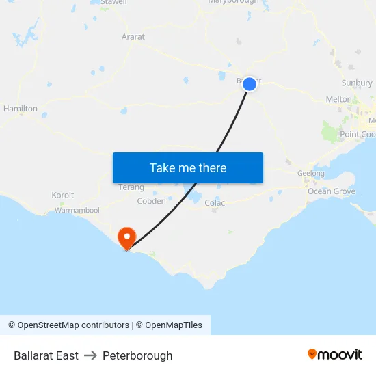 Ballarat East to Peterborough map