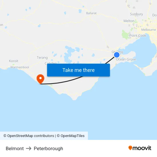 Belmont to Peterborough map